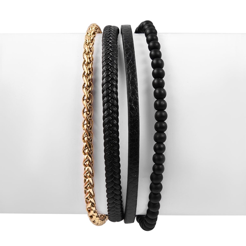 BLACK & GOLD FAUX LEATHER BRACELET QUARTZITE STEEL - Picture 2 of 7